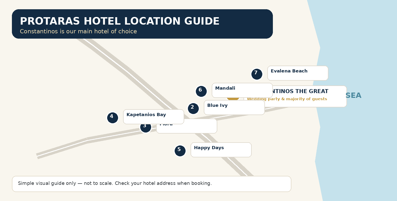 Protaras hotel location guide with Constantinos The Great highlighted as the main hotel of choice